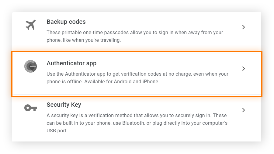 Google 帐户的 2 步骤验证部分中的验证选项