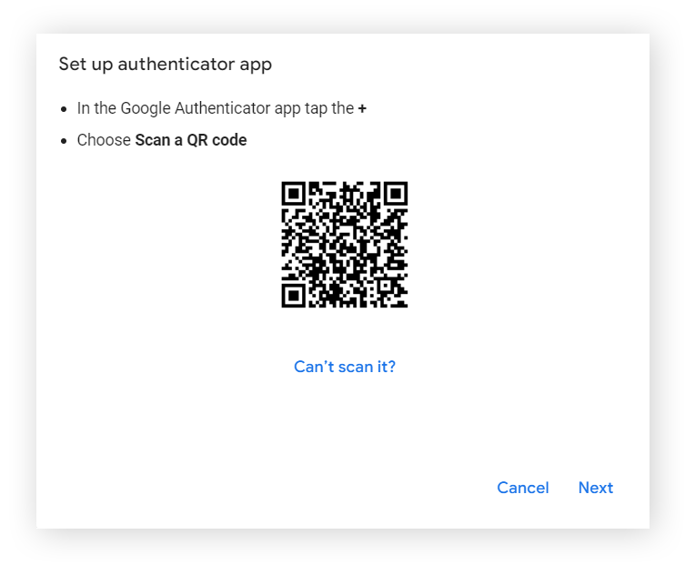 设置 Google Authenticator 的 QR 码屏幕